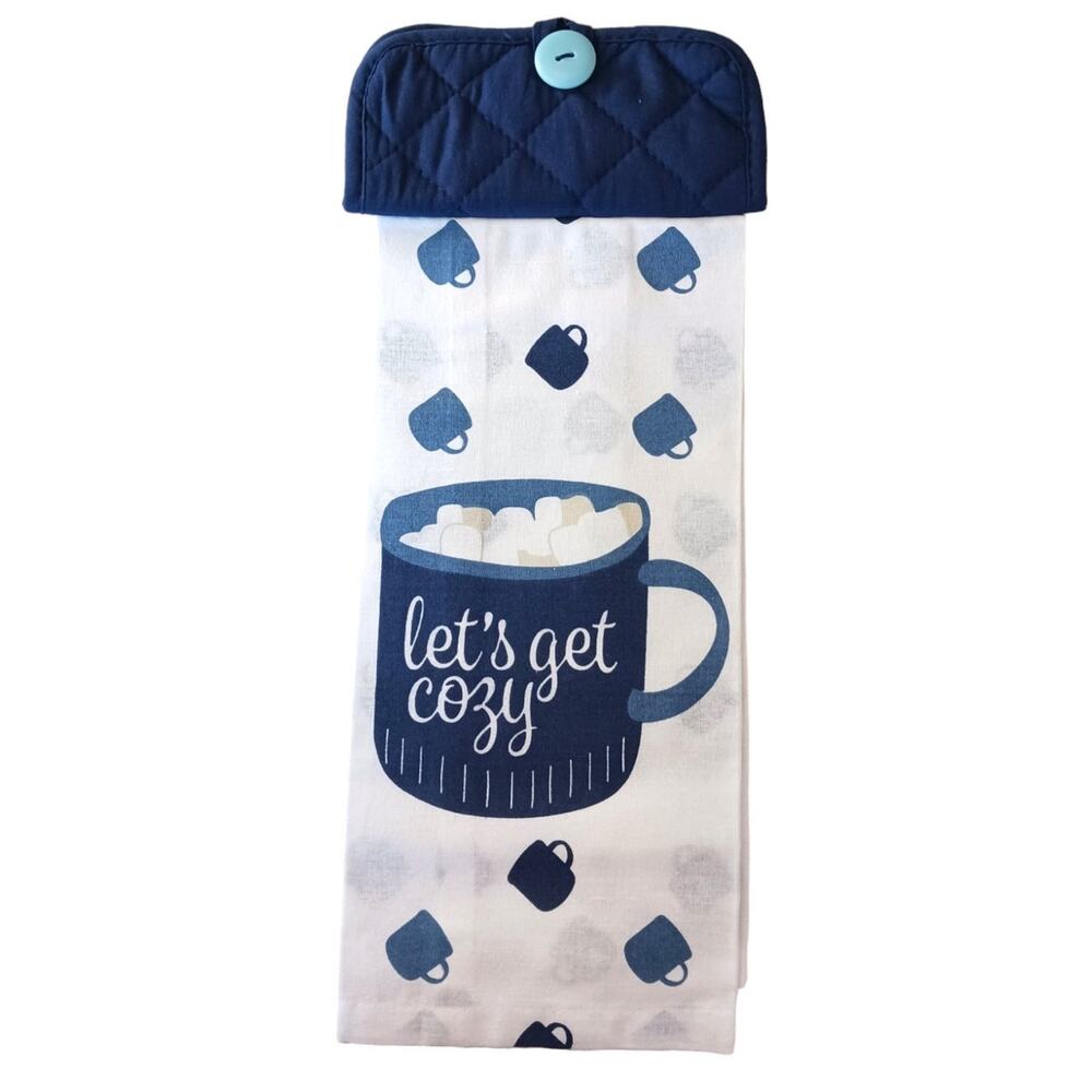 Handmade Lets Get Cozy Kitchen Hand Towel Blue White Winter Christmas Holidays
